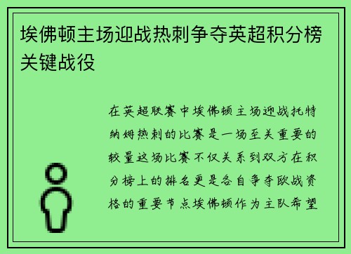 埃佛顿主场迎战热刺争夺英超积分榜关键战役